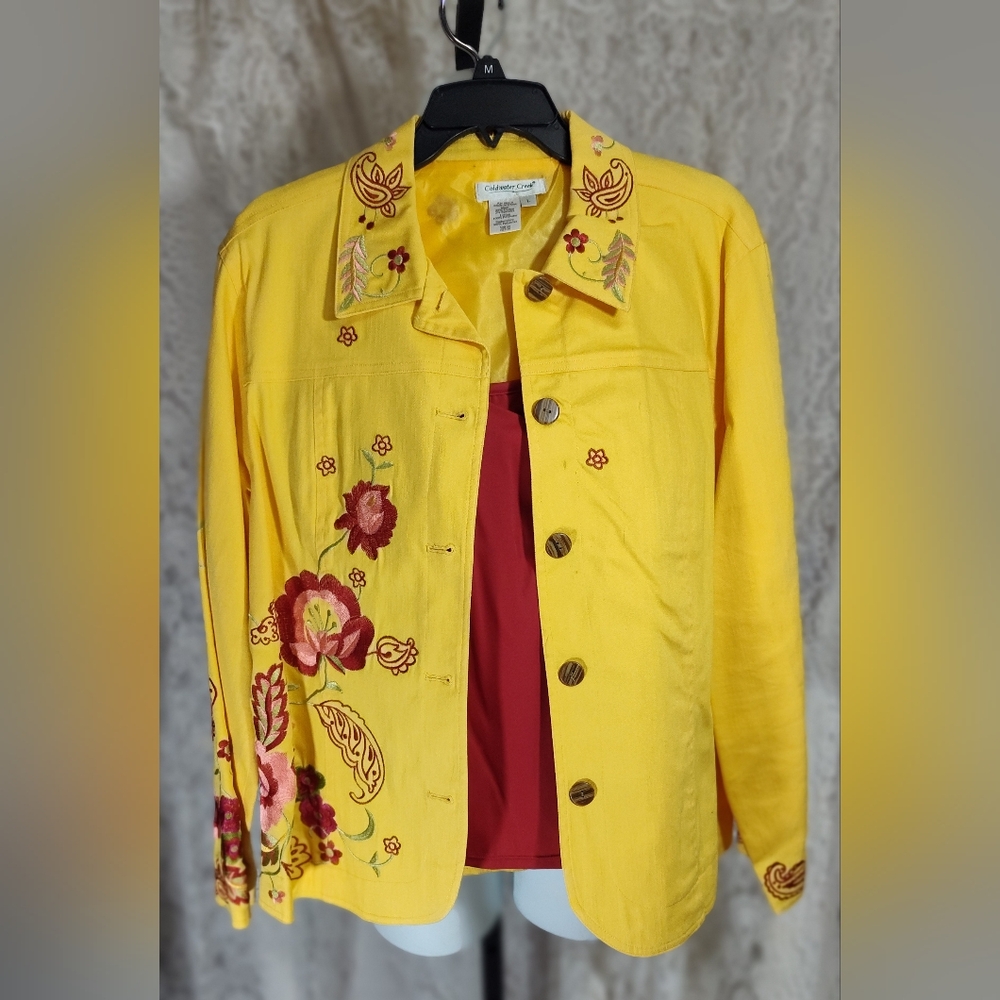 Coldwater Creek Yellow Floral Embroidered Jacket